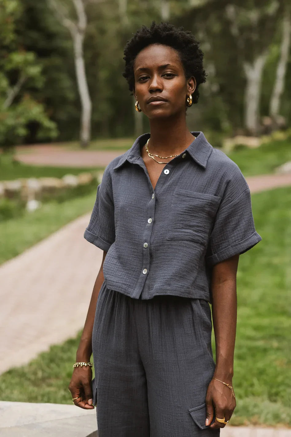 Benji Cotton Gauze Top in Slate Blue