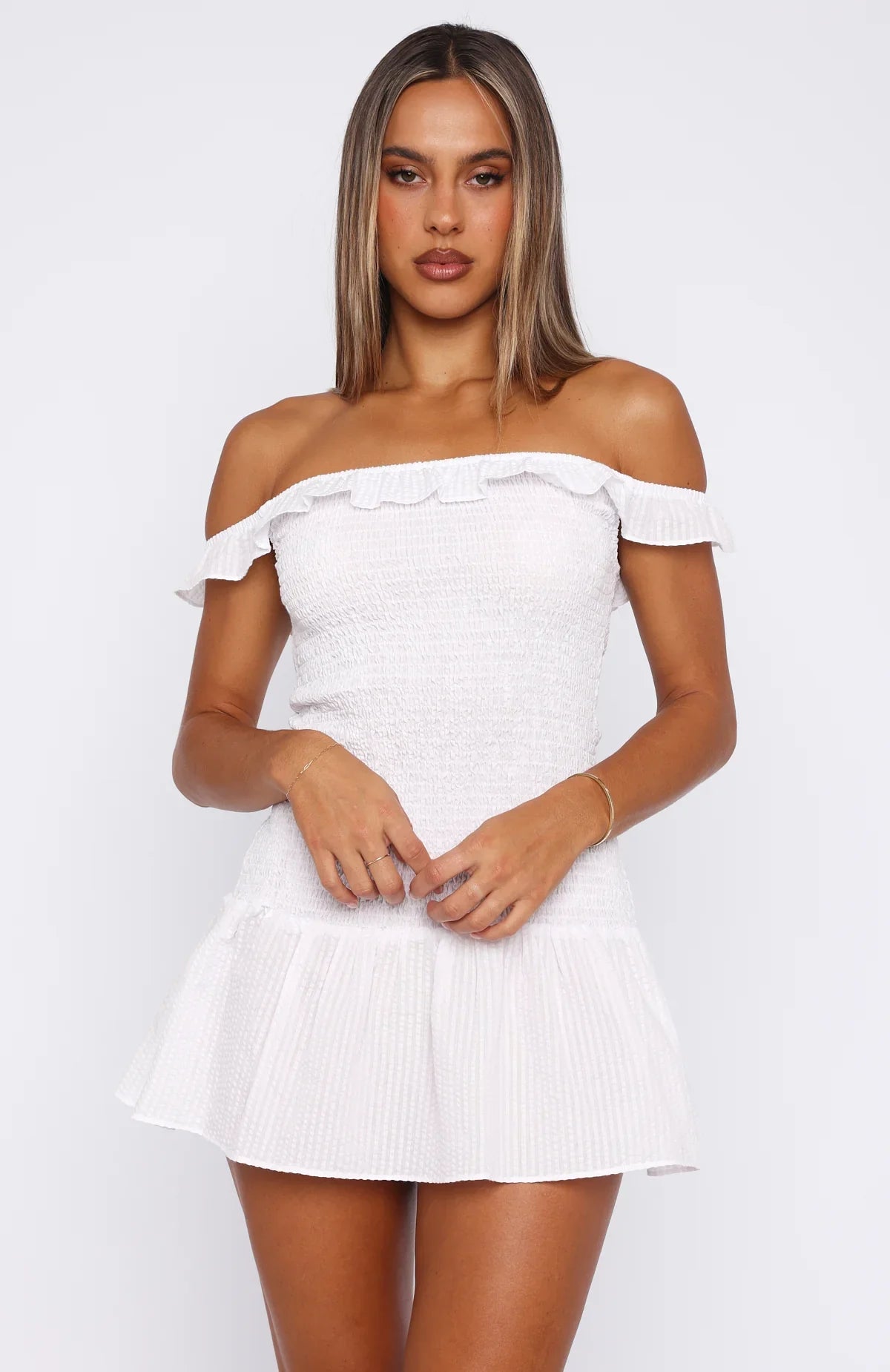 Winners Circle Off Shoulder Mini Dress White Stripe
