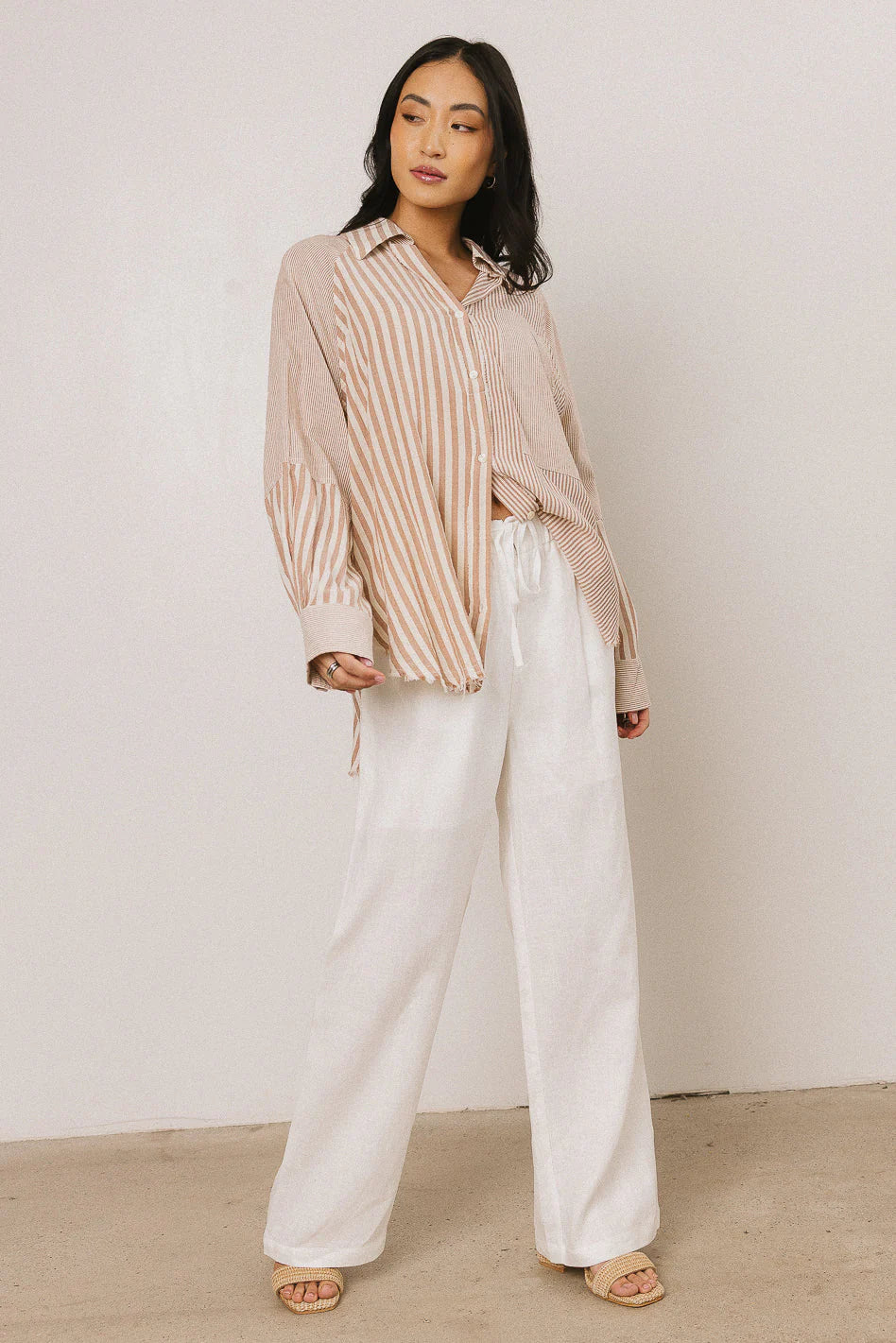 Gia Striped Button Up in Taupe