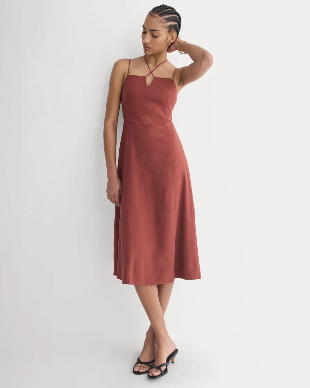 Tie-Neck Dress in Stretch Linen | Henna Red