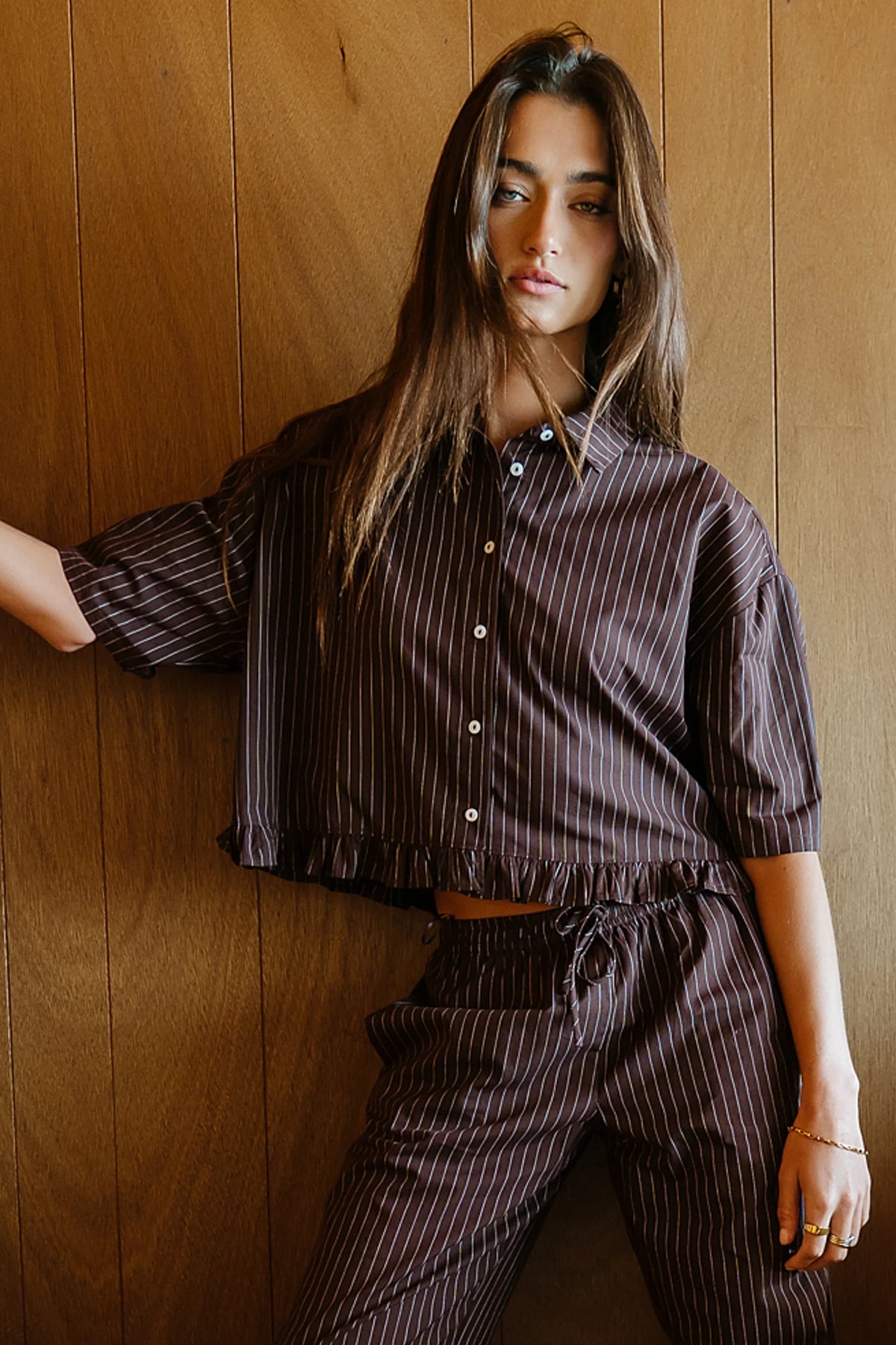 Melody Pinstripe Blouse in Dark Brown